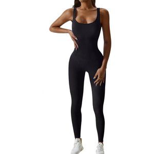 Yoga Jumpsuit for Women Workout Gym Seamless Ribbed One Piece Square Neck